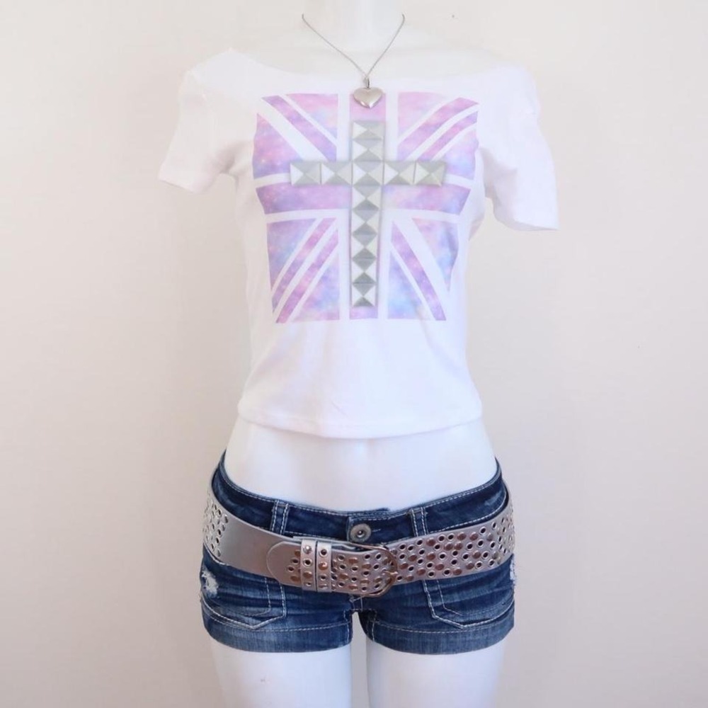 y2k‎ pastel galaxy print union jack studded tee white tumblr graphic top